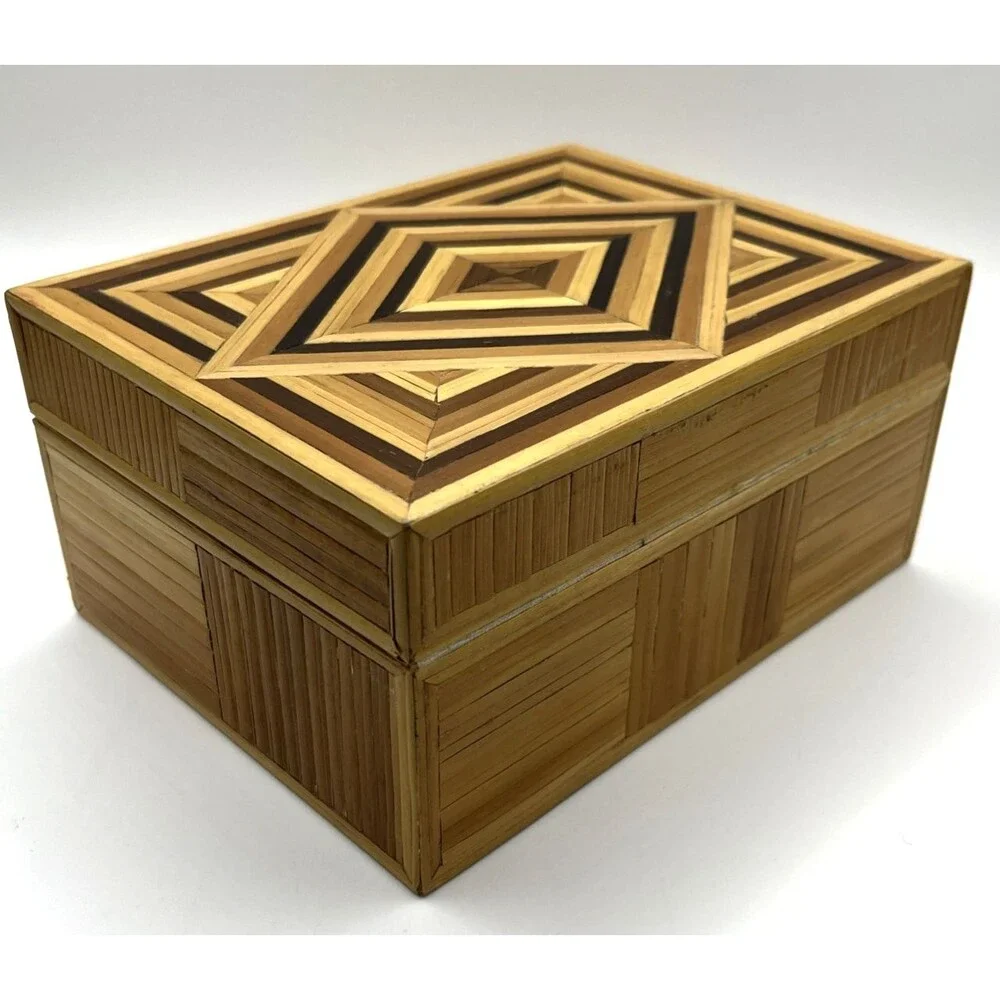 Handmade Bamboo Wood Inlaid Trinket Jewelry Box Geometric Marquetry Boho 6